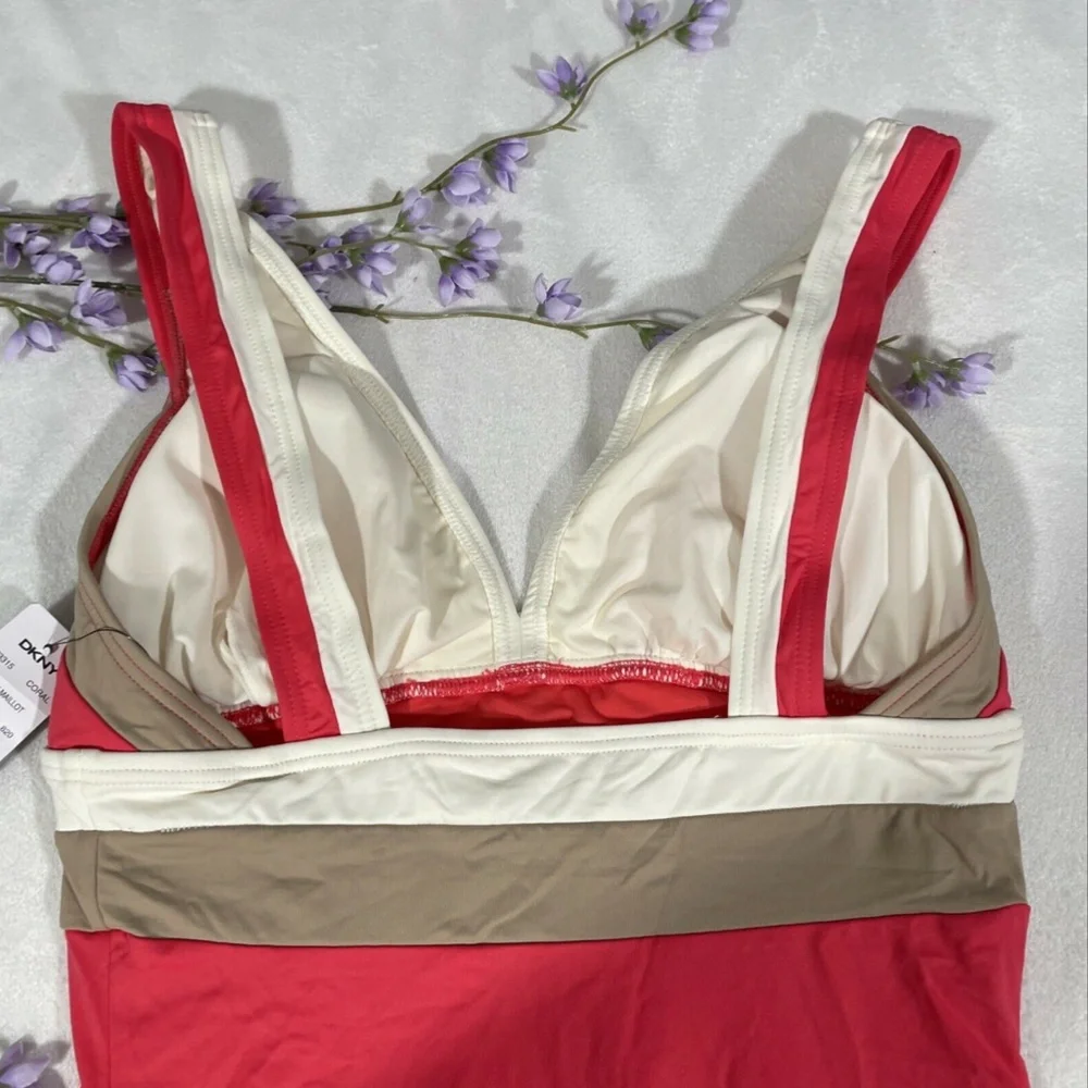 NWT DKNY [SZ 6 ]‎ Colorblock V Neck Maillot One Piece Swimsuit Coral - Picture 7 of 12